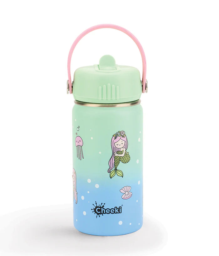 A colorful water bottle with a pastel green and blue gradient features cute illustrations of mermaids, a jellyfish, and flowers. The bottle has a pink handle.