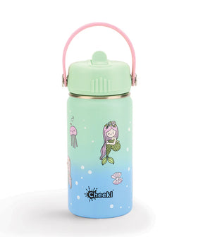 A colorful water bottle with a pastel green and blue gradient features cute illustrations of mermaids, a jellyfish, and flowers. The bottle has a pink handle.