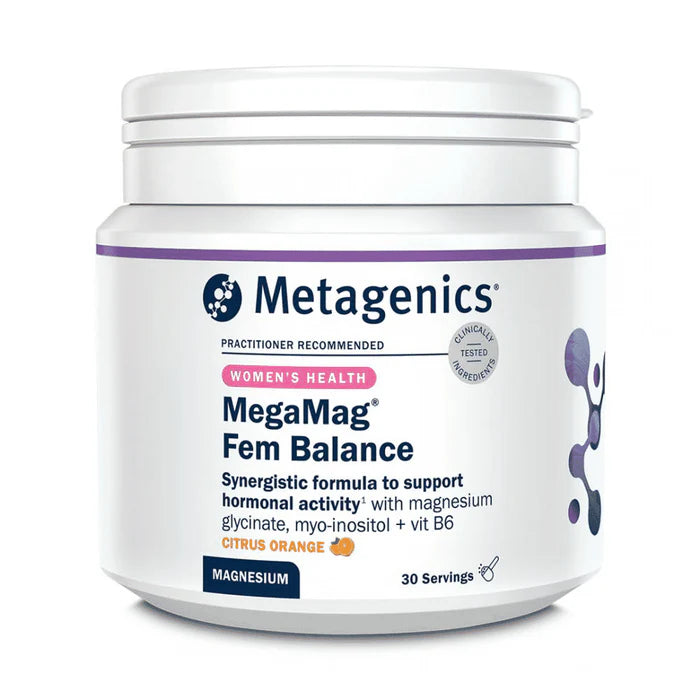 Metagenics MegaMag Fem Balance Women's Health Citrus Orange flavor powder jar.