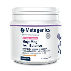Metagenics MegaMag Fem Balance Women's Health Citrus Orange flavor powder jar.