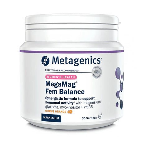 Metagenics MegaMag Fem Balance Women's Health Citrus Orange flavor powder jar.