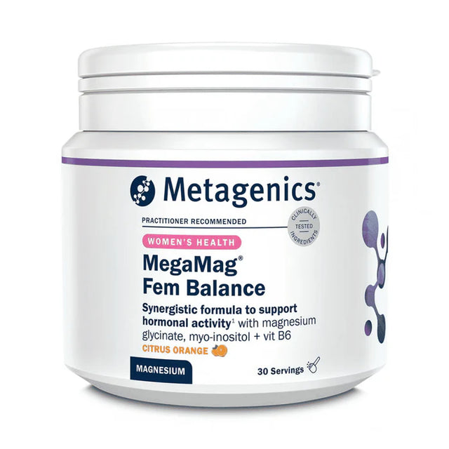 Metagenics MegaMag Fem Balance Women's Health Citrus Orange flavor powder jar.