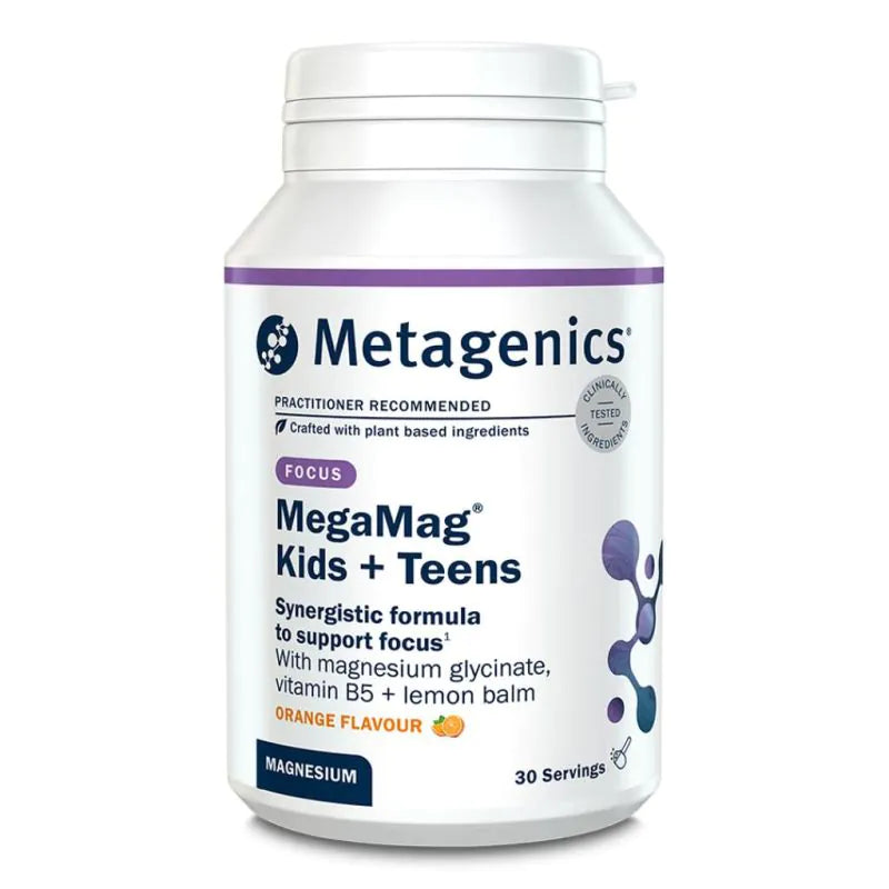 Metagenics MegaMag Kids + Teens Focus magnesium supplement powder jar.