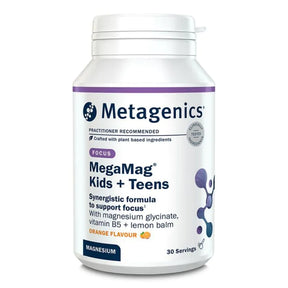 Metagenics MegaMag Kids + Teens Focus magnesium supplement powder jar.