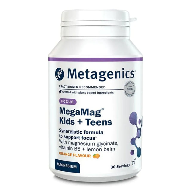 Metagenics MegaMag Kids + Teens Focus magnesium supplement powder jar.