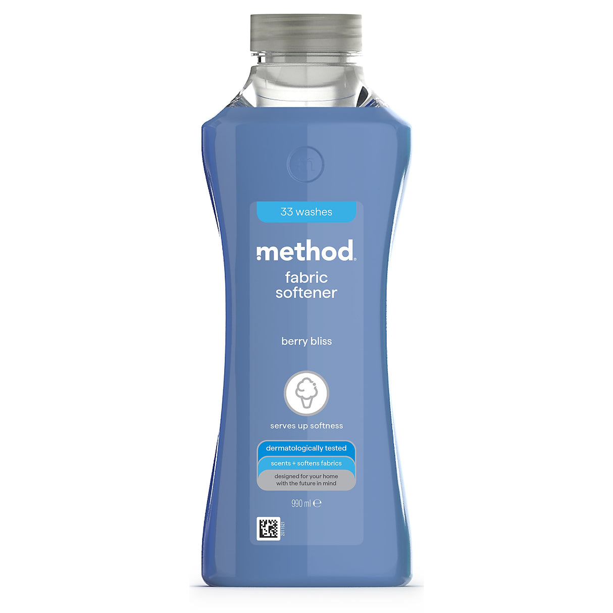 Method berry bliss fabric softener bottle in a clean blue studio aesthetic.