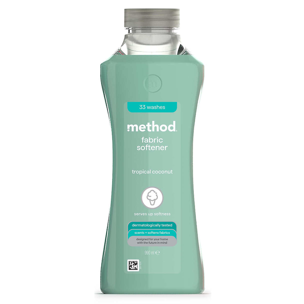 Method tropical coconut fabric softener bottle in a clean mint green studio aesthetic.
