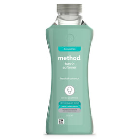 Method tropical coconut fabric softener bottle in a clean mint green studio aesthetic.
