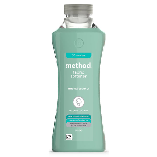 Method tropical coconut fabric softener bottle in a clean mint green studio aesthetic.