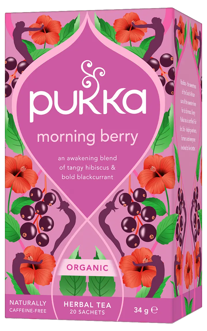 Pukka Organic "Morning Berry" herbal tea box featuring tangy hibiscus and bold blackcurrant, containing 20 caffeine-free sachets.