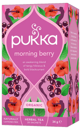 Pukka Organic "Morning Berry" herbal tea box featuring tangy hibiscus and bold blackcurrant, containing 20 caffeine-free sachets.