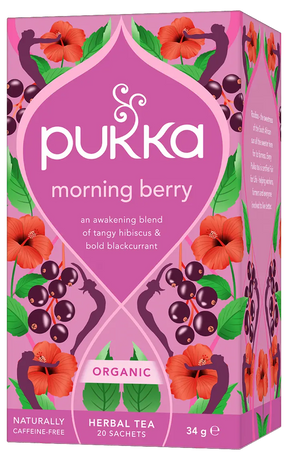 Pukka Organic "Morning Berry" herbal tea box featuring tangy hibiscus and bold blackcurrant, containing 20 caffeine-free sachets.