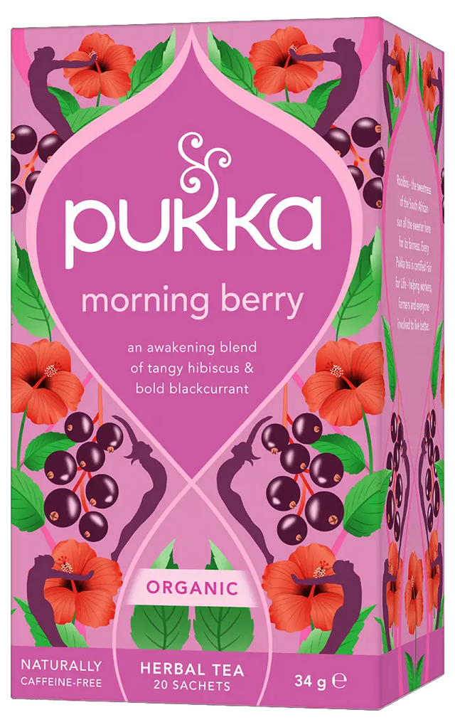 Pukka Organic "Morning Berry" herbal tea box featuring tangy hibiscus and bold blackcurrant, containing 20 caffeine-free sachets.
