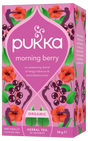 Pukka Organic "Morning Berry" herbal tea box featuring tangy hibiscus and bold blackcurrant, containing 20 caffeine-free sachets.