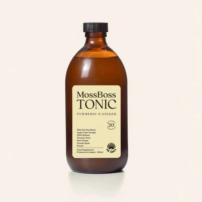 MossBoss Tonic Turmeric & Ginger, 500ml glass bottle featuring Wild Irish Sea Moss and apple cider vinegar.