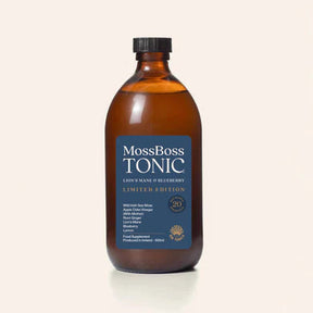 MossBoss Tonic Lion's Mane & Blueberry Limited Edition, 500ml glass bottle featuring Wild Irish Sea Moss, apple cider vinegar, ginger, and lemon.