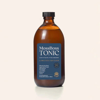 MossBoss Tonic Lion's Mane & Blueberry Limited Edition, 500ml glass bottle featuring Wild Irish Sea Moss, apple cider vinegar, ginger, and lemon.