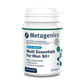 Product bottle of Metagenics Multi Essentials For Men 50+, a highly absorbable multivitamin and mineral complex designed for men's health, 60 tablets.