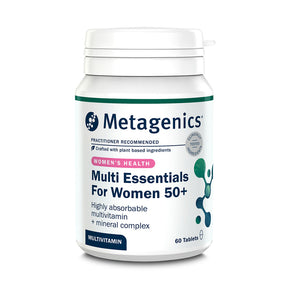Product bottle of Metagenics Multi Essentials For Women 50+, a highly absorbable multivitamin and mineral complex designed for women's health, 60 tablets.