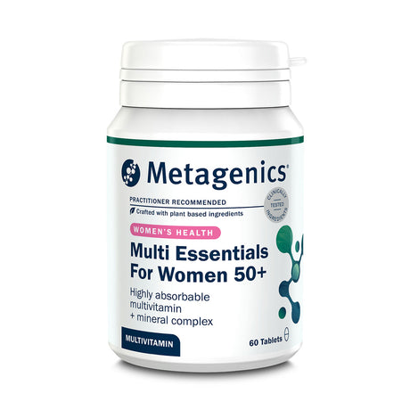 Product bottle of Metagenics Multi Essentials For Women 50+, a highly absorbable multivitamin and mineral complex designed for women's health, 60 tablets.