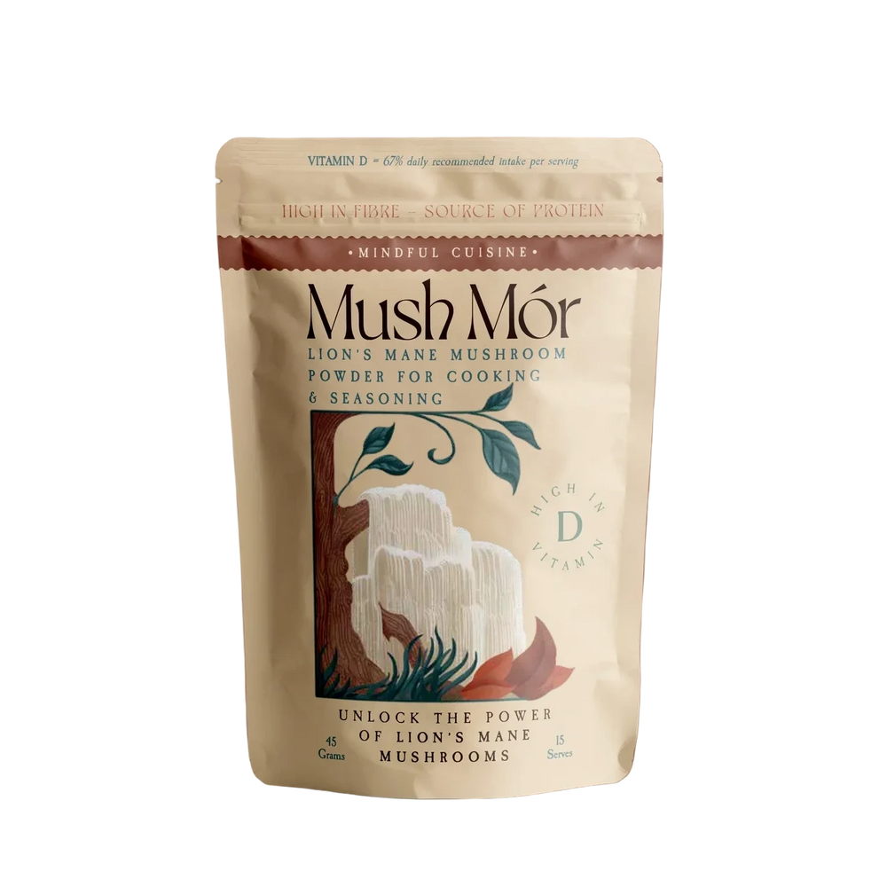 Mush Mór Lion's Mane mushroom powder pouch centered on a solid brown background.