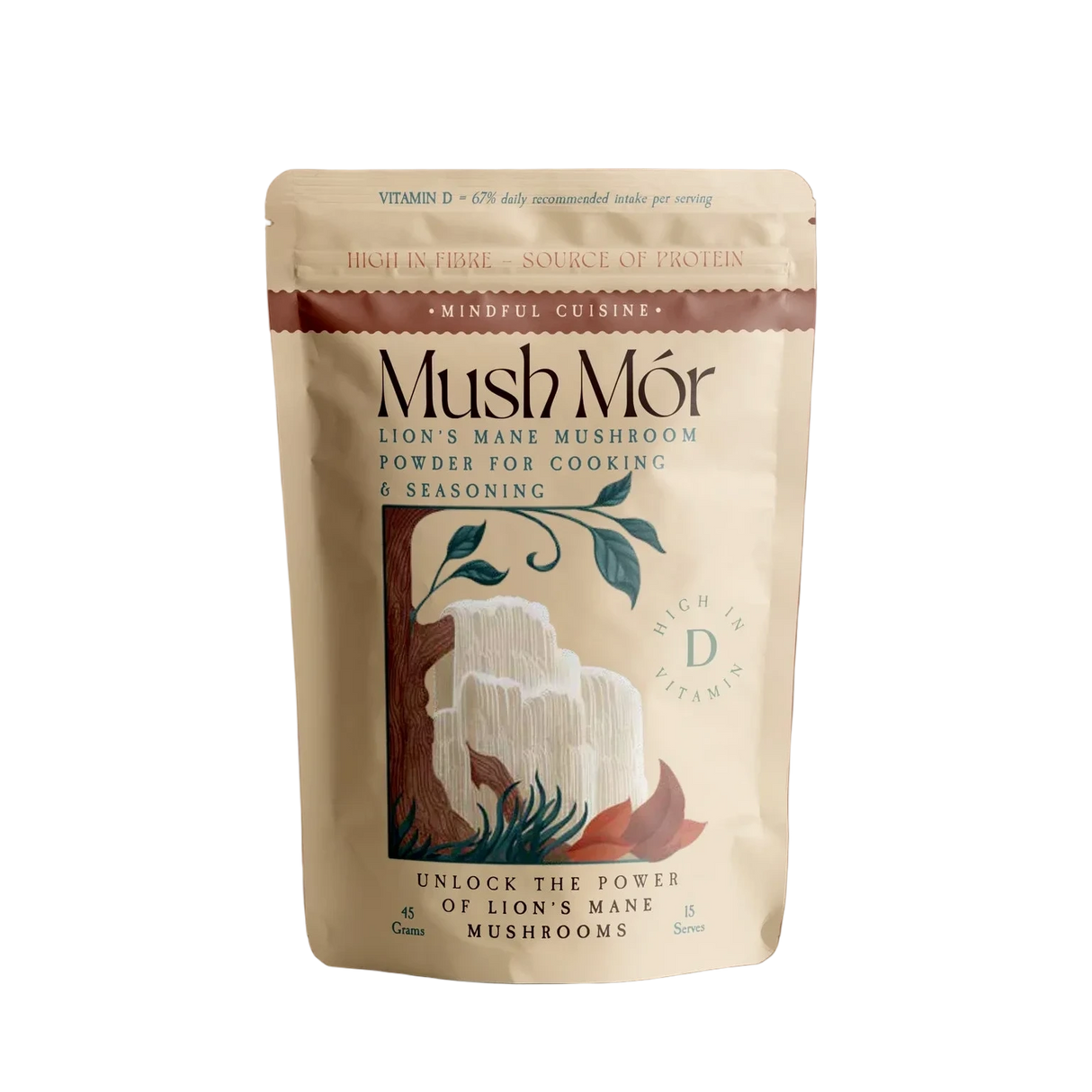 Mush Mór Lion's Mane mushroom powder pouch centered on a solid brown background.