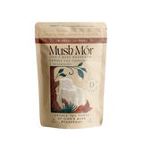 Mush Mór Lion's Mane mushroom powder pouch centered on a solid brown background.