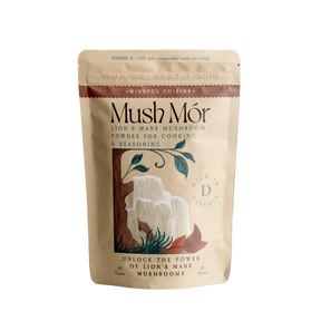 Mush Mór Lion's Mane mushroom powder pouch centered on a solid brown background.