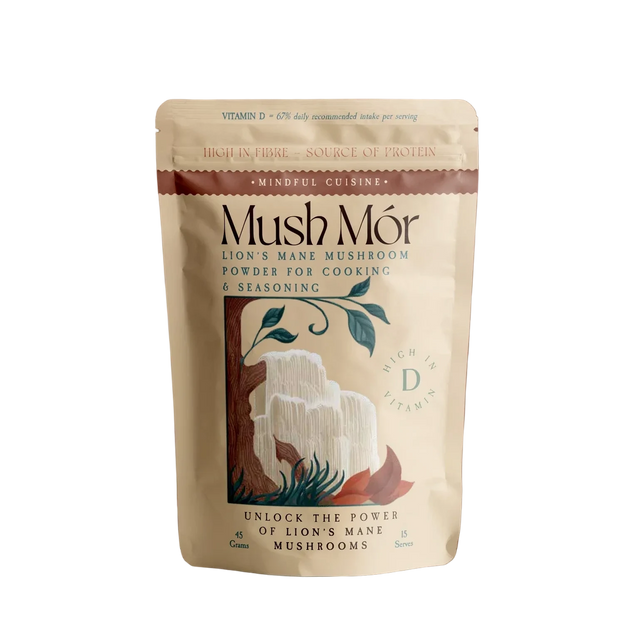 Mush Mór Lion's Mane mushroom powder pouch centered on a solid brown background.