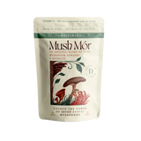Mush Mór mushroom powder pouch on a pedestal with an abstract botanical wave background.