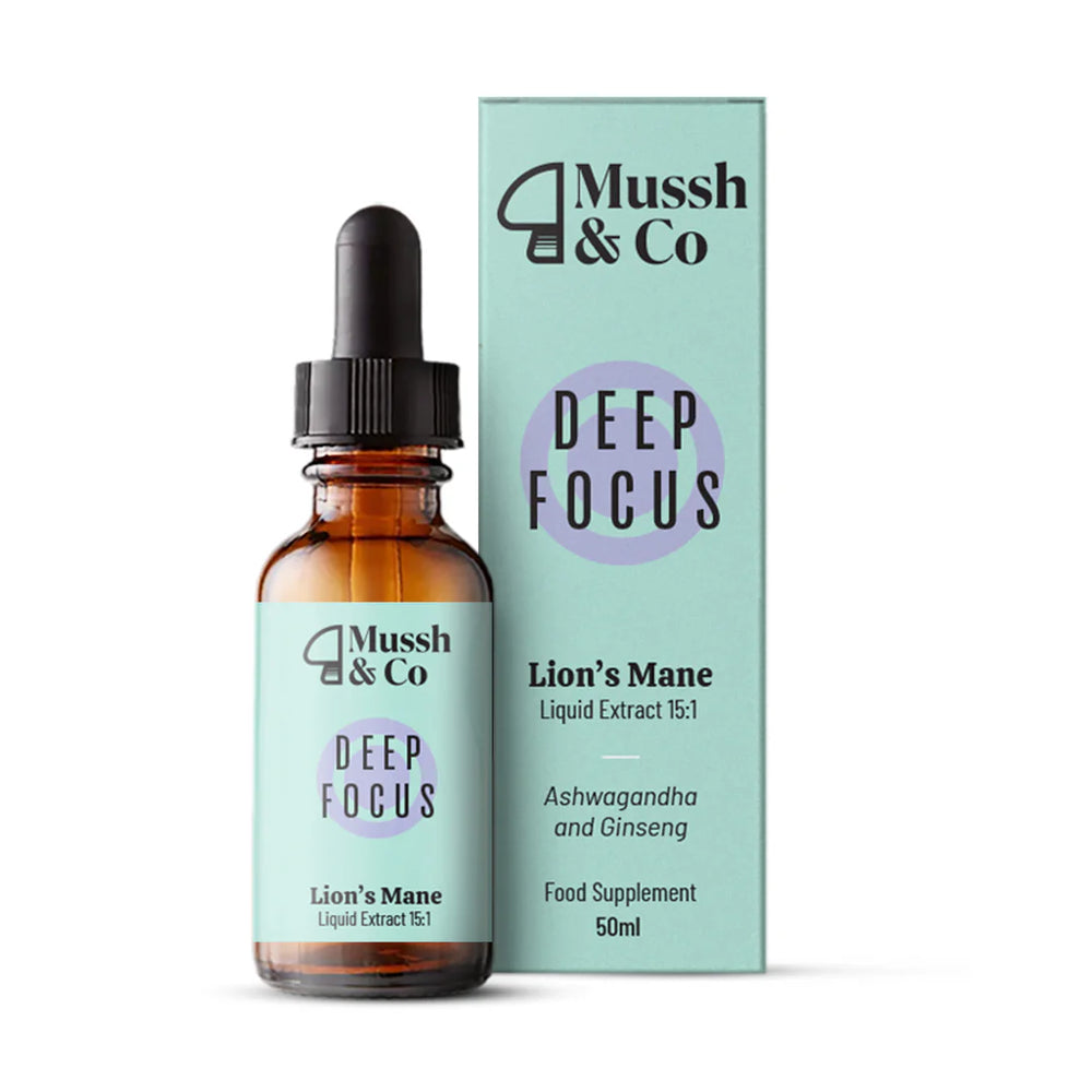 Mussh & Co Deep Focus Lion's Mane liquid extract bottle and box.