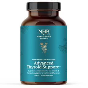 NHP Advanced Thyroid Support with 17 nutrients for thyroid function.