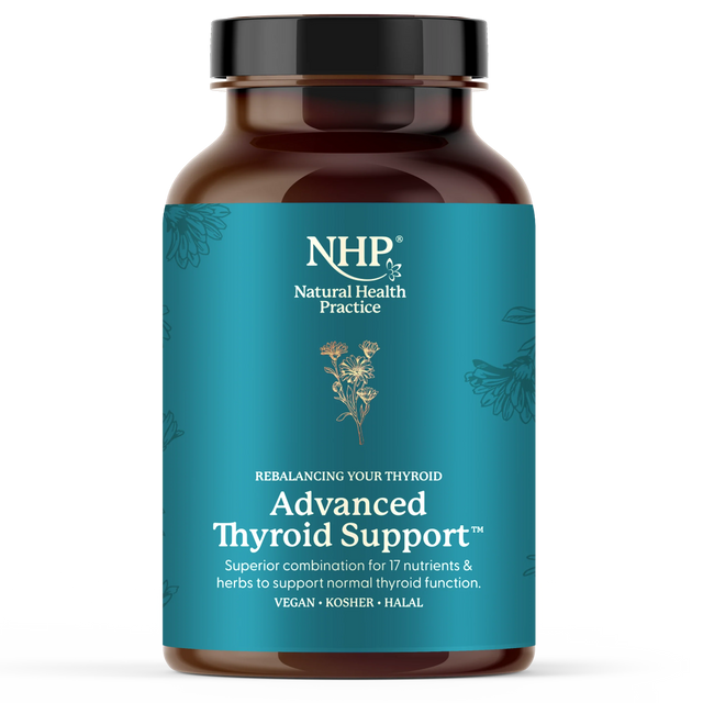 NHP Advanced Thyroid Support with 17 nutrients for thyroid function.