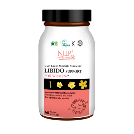Supplement bottle labeled 'NHP Libido Support for Women' on a white background