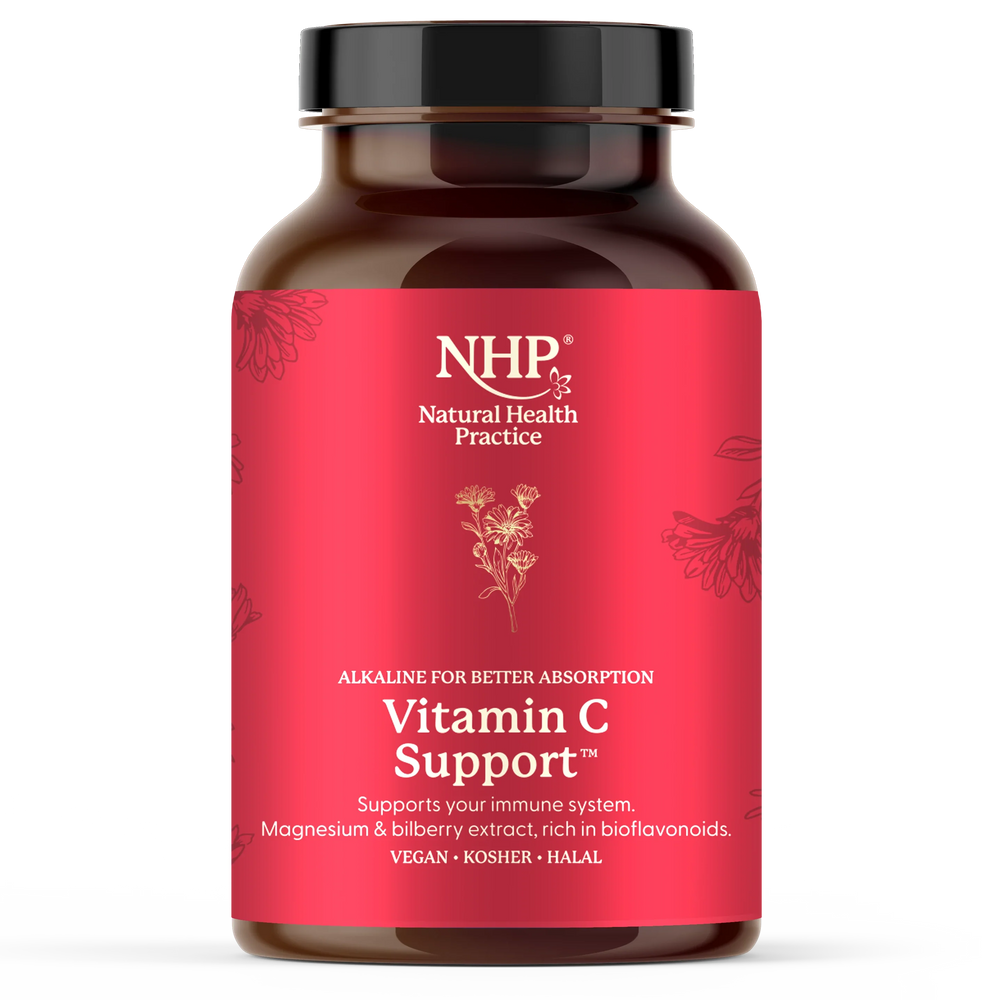 NHP Vitamin C Support for immune system health, featuring alkaline absorption.