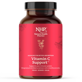 NHP Vitamin C Support for immune system health, featuring alkaline absorption.