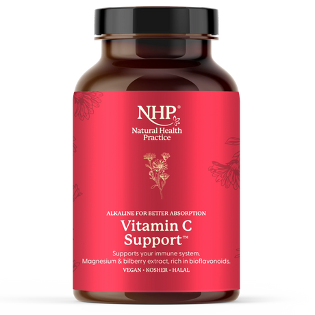 NHP Vitamin C Support for immune system health, featuring alkaline absorption.