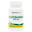 A white bottle of NaturesPlus Nicotinamide 500 mg dietary supplement containing 90 tablets, featuring a green and yellow label on a transparent background.