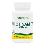 A white bottle of NaturesPlus Nicotinamide 500 mg dietary supplement containing 90 tablets, featuring a green and yellow label on a transparent background.