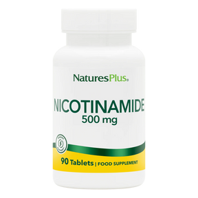 A white bottle of NaturesPlus Nicotinamide 500 mg dietary supplement containing 90 tablets, featuring a green and yellow label on a transparent background.