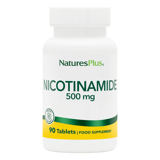 A white bottle of NaturesPlus Nicotinamide 500 mg dietary supplement containing 90 tablets, featuring a green and yellow label on a transparent background.