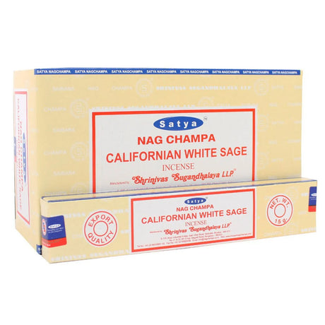 One box of Satya Nag Champa California White Sage Incense on a plain white background.
