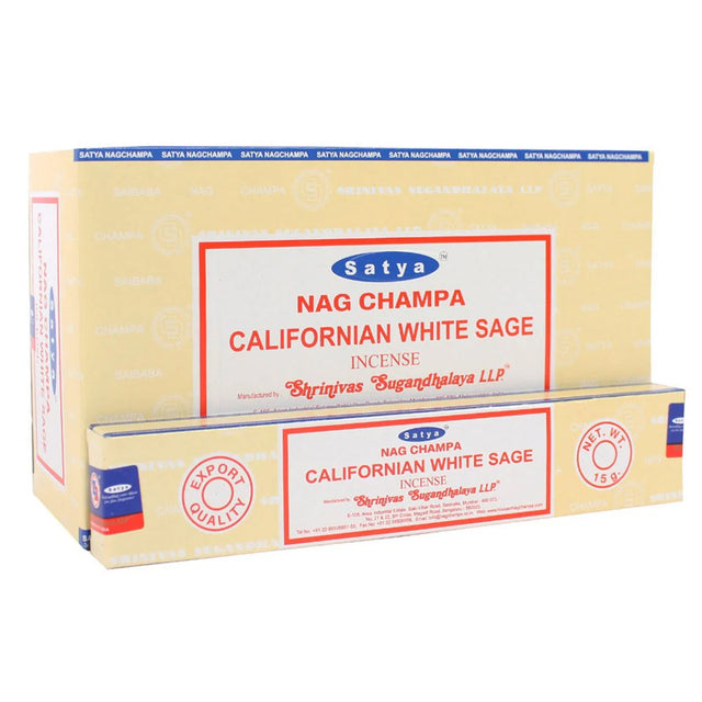 One box of Satya Nag Champa California White Sage Incense on a plain white background.
