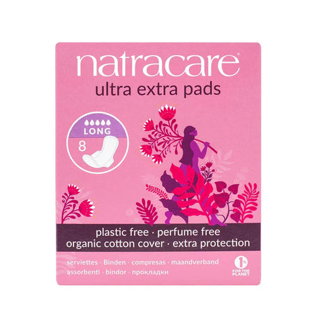 A package of Natracare Ultra Extra Pads, size 8, featuring a pink box with white and dark purple text and botanical illustrations.