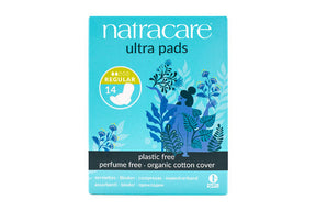 Natracare regular ultra organic cotton pads 14 count box.