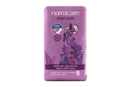 Natracare night time organic cotton maxi pads 10 count pack.