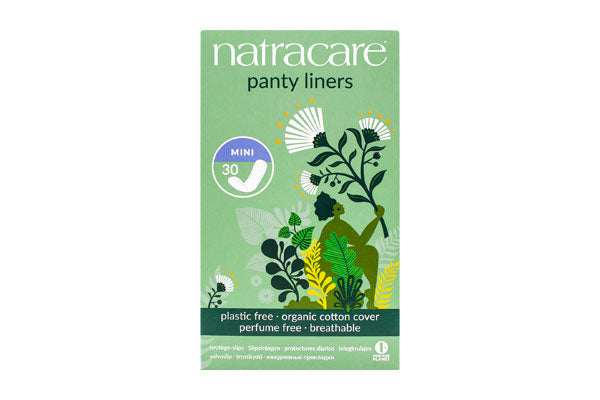 Natracare mini panty liners box with green botanical art and plastic-free, breathable cotton cover.