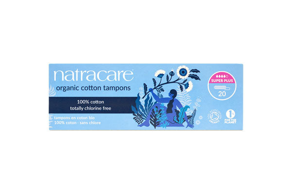 Natracare organic cotton tampons box featuring blue botanical illustrations and super plus absorbency.