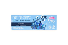 Natracare organic cotton tampons box featuring blue botanical illustrations and super plus absorbency.