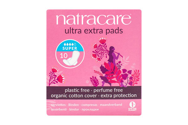 Natracare ultra pads box with blue floral art and plastic-free, organic cotton cover labeling.